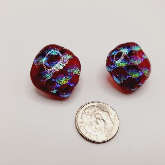 Artisan Iridescent Red Dichroic Glass Clip On Earrings Handmade Vintage Style - Picture 9 of 9